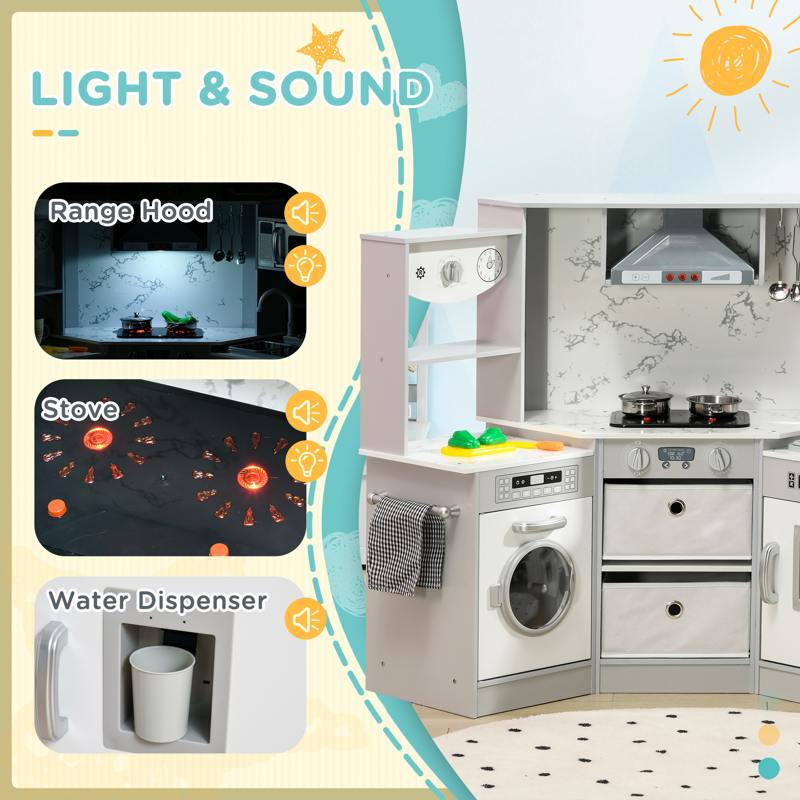 AIYAPLAY Toy Kitchen with Running Water, Lights, Sounds, Apron and Chef Hat, Water Dispenser, for Ages 3-6 Years, Grey