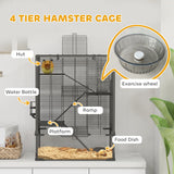 PawHut Four-Tier Hamster Cage with Deep Tempered Glass Bottom, Hut, Running Wheel, Food Dish, Water Bottle, 60 x 40 x 80cm