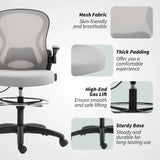 Vinsetto Adjustable Mesh Standing Desk Chair with Flip-up Armrests Lumbar Support Armrests Adjustable Footrest Ring Grey