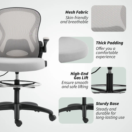 Vinsetto Adjustable Mesh Standing Desk Chair with Flip-up Armrests Lumbar Support Armrests Adjustable Footrest Ring Grey