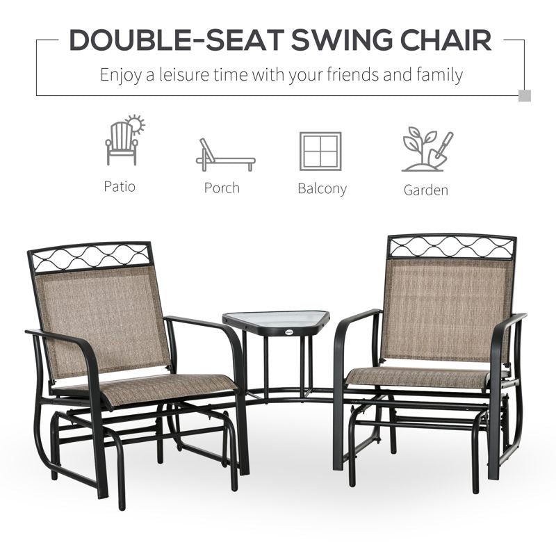 Outsunny Double Outdoor Glider Chair, 2 Seater Patio Rocking Chairs, Swing Bench with Tempered Glass Table, Breathable Mesh Fabric for Backyard, Garden, Porch, Brown