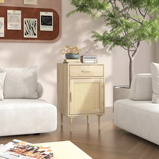 HOMCOM Bedside Table, Rattan Side Tables with Drawer, Cabinet and Adjustable Shelf, Boho Bedside Cabinet with Storage for Bedroom, Living Room, Natural Wood Effect