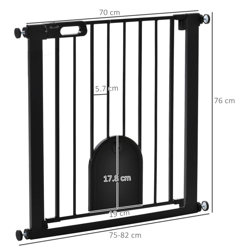 PawHut Dog Gate with Cat Flap Pet Safety Gate Barrier, Stair Pressure Fit, Auto Close, Double Locking, for Doorways, Hallways, 75-82 cm Black