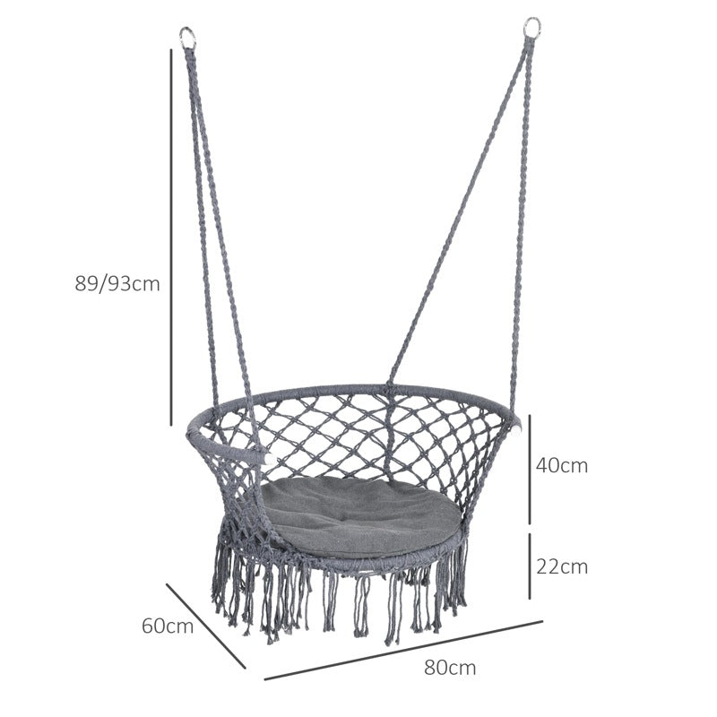 Outsunny Outdoor Hanging Rope Chair with Cotton Rope, Cotton-Polyester Blend Macrame Garden Hammock Chair with Seat Cushion, Support Backrest, for Patio, Garden, Porch, Dark Grey