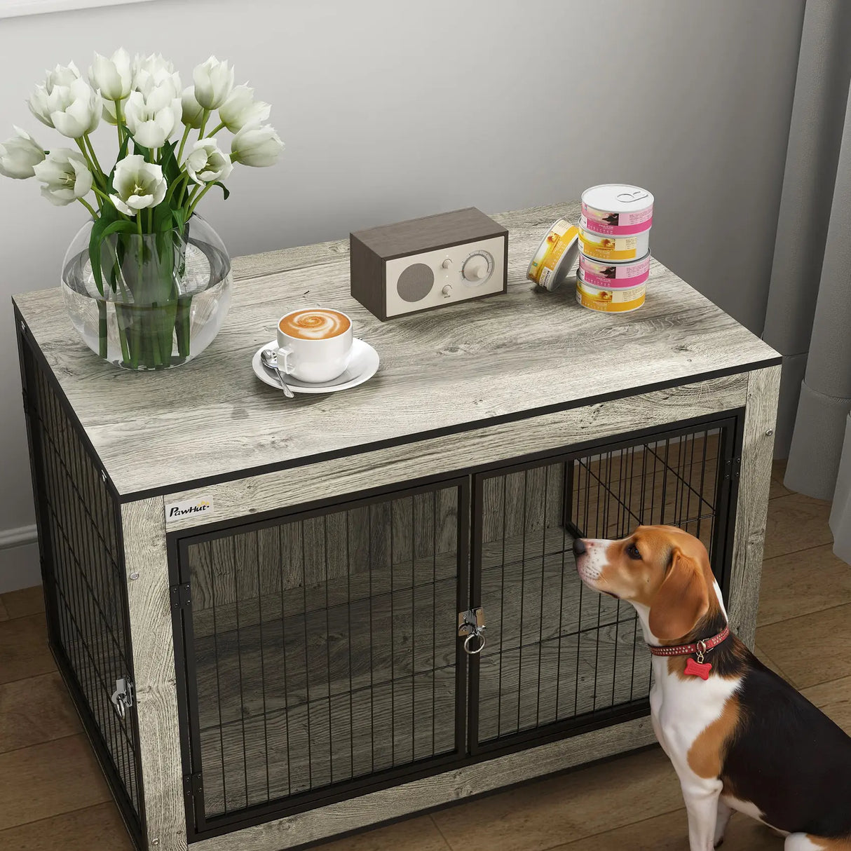 PawHut Dog Crate Furniture with Wheels, Double Doors, for Medium Dogs, Grey