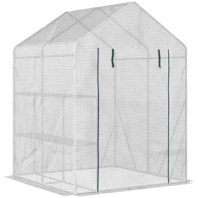 Outsunny Greenhouse for Outdoor, Portable Gardening Plant Grow House with 2 Tier Shelf, Roll-Up Zippered Door, PE Cover, 143 x 143 x 195cm, Green