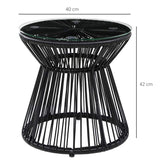 Outsunny Round End Table, Rattan Side Table, Hollow Drum Design Coffee Table w/ Glass Tabletop for Patio, Garden, Balcony Black