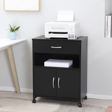 Vinsetto Printer Stand Mobile Printer Cabinet with Storage, Open Shelf, Drawer for Home Office, 60cm x 39cm x 80cm, Black