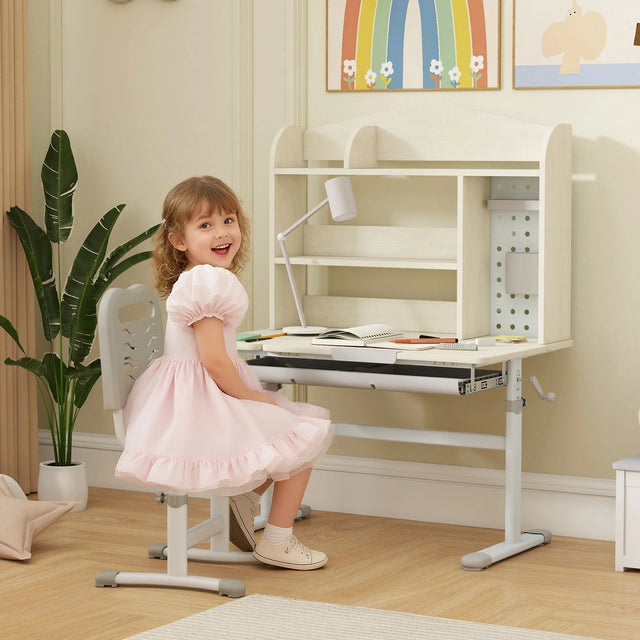 AIYAPLAY Kids Desk Height Adjustable with Tilt-Desktop, Hutch, Drawer, Storage Shelf, Pegboard, for 3-12 Years Old, Natural