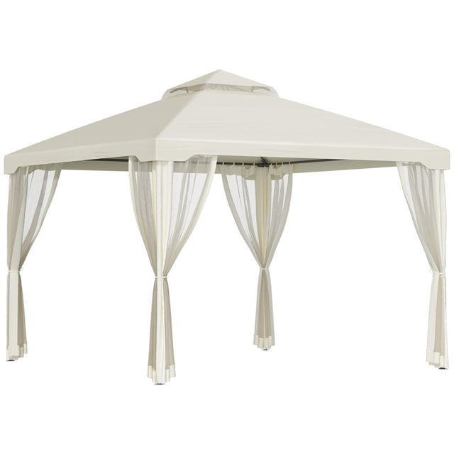 Outsunny 3 x 3 m Metal Gazebo, Garden Pavillion, Double Roof Outdoor Canopy Shelter with Mesh Sidewalls, Cream White