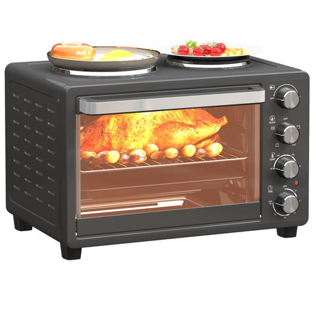 HOMCOM 28L Mini Oven with 2 Hot Plates, Countertop Toaster Oven, Grill, Roast, Bake, Boil, with Timer, Adjustable Temperature, Electric Oven with Baking Tray, Grill Rack, Crumb Tray, 2600W, Black