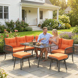 Outsunny 6 Piece Rattan Garden Furniture Set, 8 Seater Garden Corner Sofa with Cushions and Glass Top Table, Orange