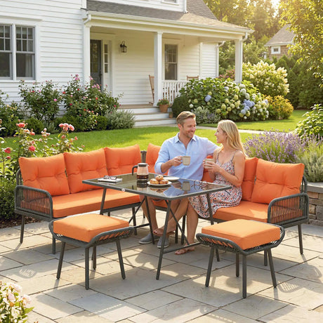 Outsunny 6 Piece Rattan Garden Furniture Set, 8 Seater Garden Corner Sofa with Cushions and Glass Top Table, Orange