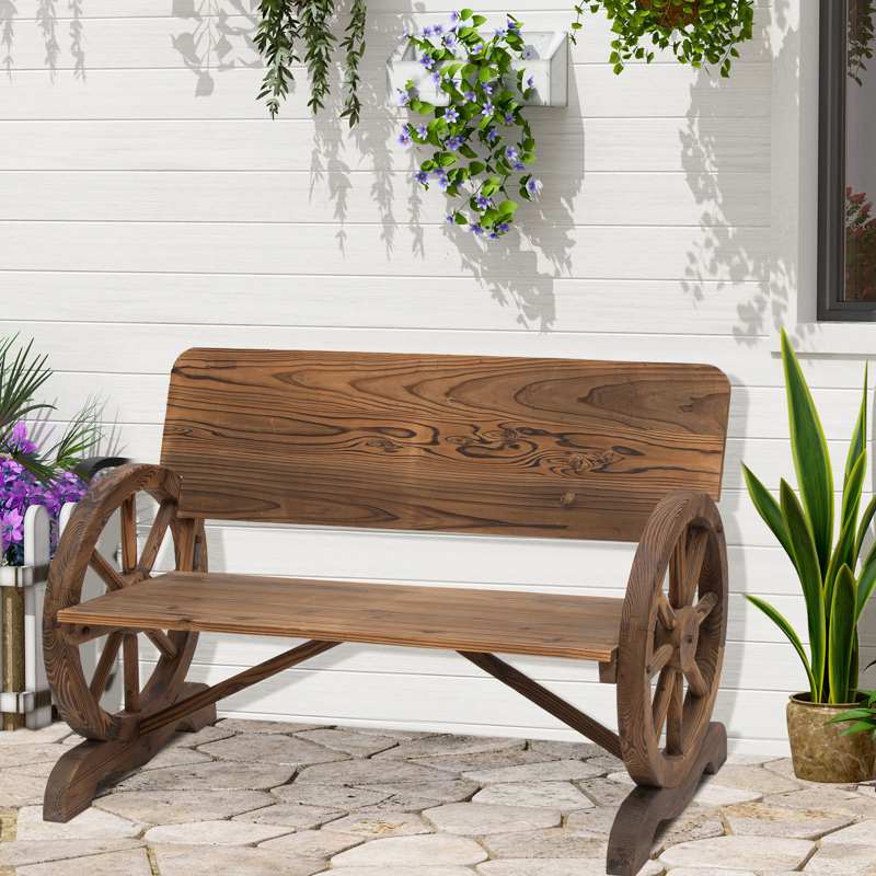 Outsunny Fir Wood 2-Seater Outdoor Garden Wagon Wheel Bench