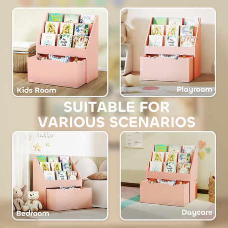 AIYAPLAY Bookcase for Kids with Shelves, Drawer, Bookcase for Bedroom, Playroom, Pink
