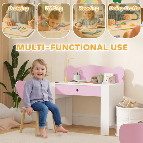 AIYAPLAY Kids Desk and Chair Set with Drawer for Drawing, Reading, Bear Theme Children Furniture for Bedroom, Daycare, Pink