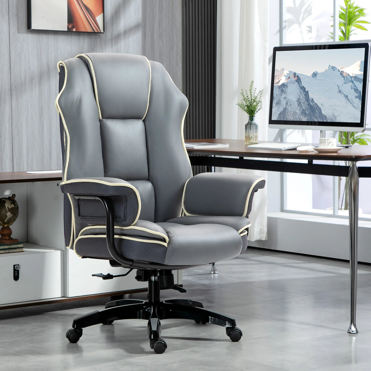 Vinsetto Faux Leather Executive Office Chair, with Contrast Piping - Grey/White