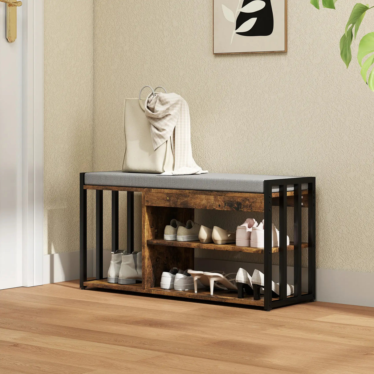 HOMCOM Shoe Storage with Seat, Upholstered Entryway Bench, Shoe Bench with 3 Open Shelves for Hallway, Rustic Brown