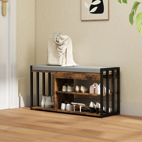 HOMCOM Shoe Storage with Seat, Upholstered Entryway Bench, Shoe Bench with 3 Open Shelves for Hallway, Rustic Brown