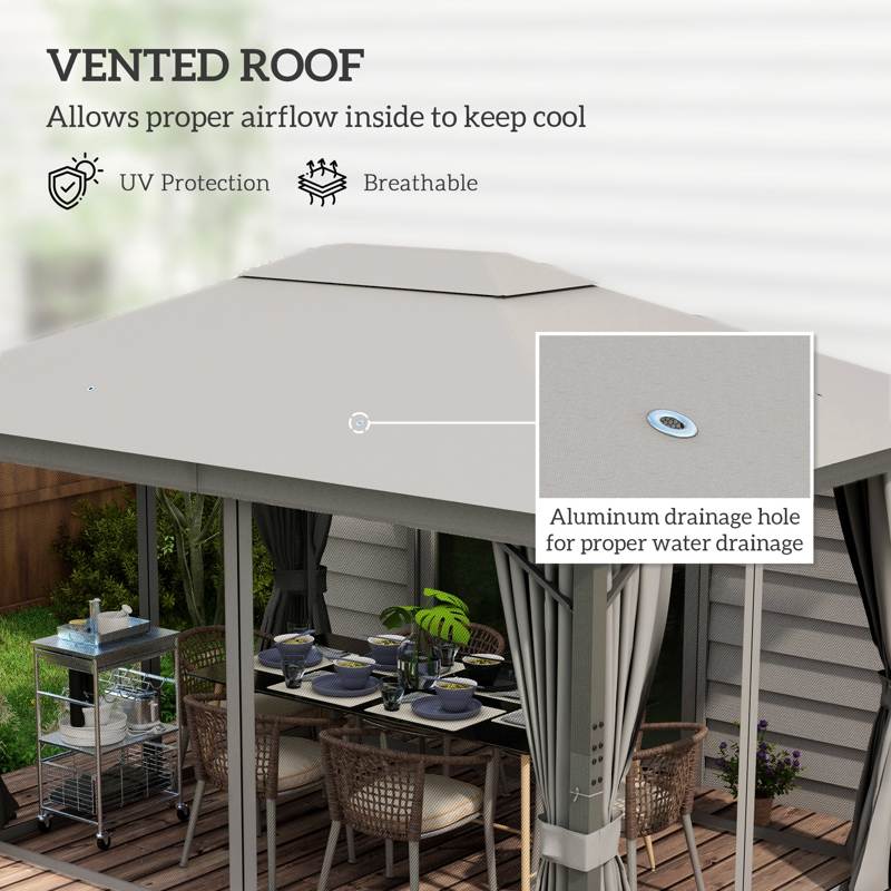 Outsunny 4 x 3(m) Patio Gazebo Canopy, with Vented Roof, Netting, Curtains, Aluminium Frame, Grey