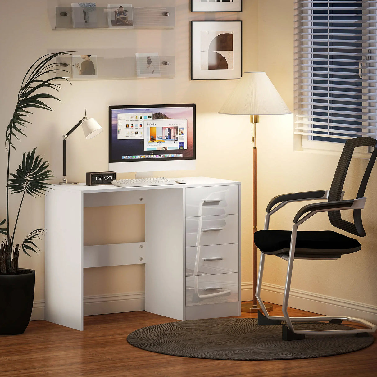 HOMCOM Computer Desk with Drawers, Dressing Table, High Gloss Home Office Writing Workstation, White