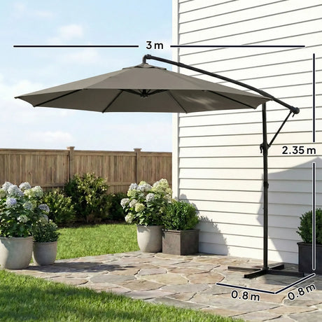 Outsunny 3 m Garden Cantilever Parasol with Cover, Round Overhanging Umbrella with 360 Rotation, Tilt, Grey