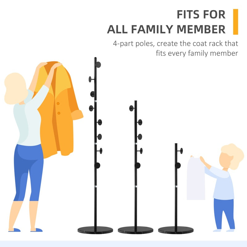 HOMCOM Coat Rack Free Standing Hall Tree with 8 Round Disc Hooks for Clothes, Hats,Purses, Steel Entryway Coat Stand with Marble Base for Entryway, Living Room, Bedroom, Black