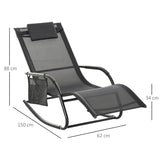 Outsunny Outdoor Garden Rocking Chair, Patio Sun Lounger Rocker Chair with Breathable Mesh Fabric, Removable Headrest Pillow, Armrest, Side Storage Bag, Black