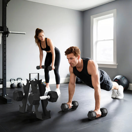 SPORTNOW Hex Dumbbell Set with Weights Storage Rack, Rubber Coated Dumbbells, Non-Slip Chrome Handles, Space-Saving for Home Gym Weight Lifting Strength Training, 2 x 2kg, 2 x 5kg, 2 x 8kg