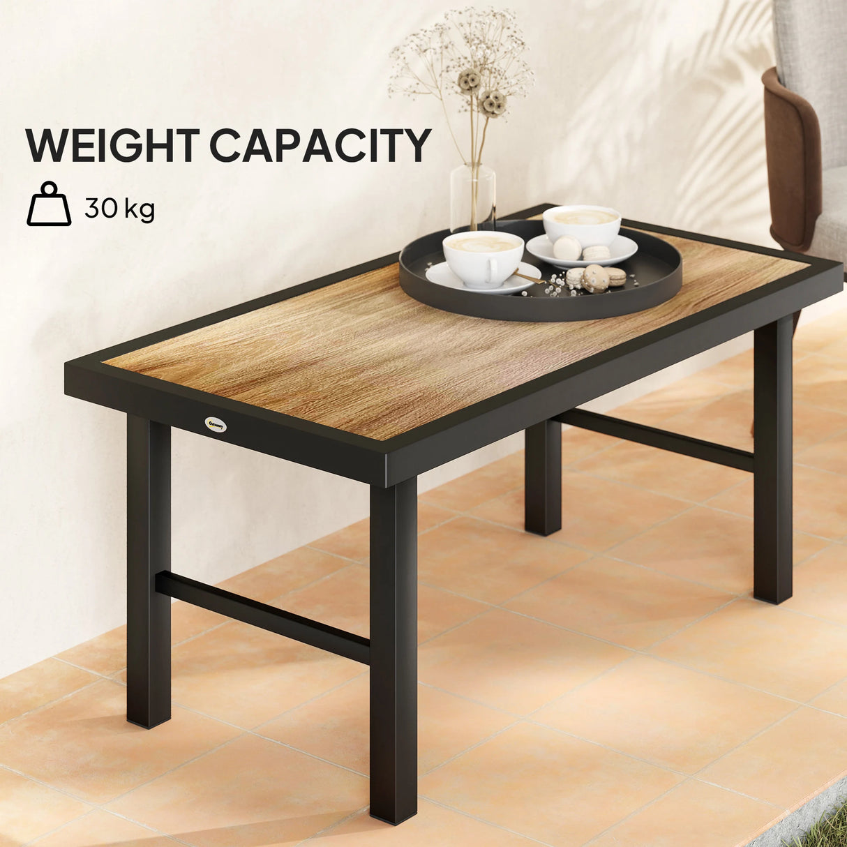 Outsunny Metal Garden Coffee Table, Outdoor Side Table with SPC Woodgrain Tabletop for Outside, Garden, Balcony, Porch, 100 x 53 x 46cm, Brown