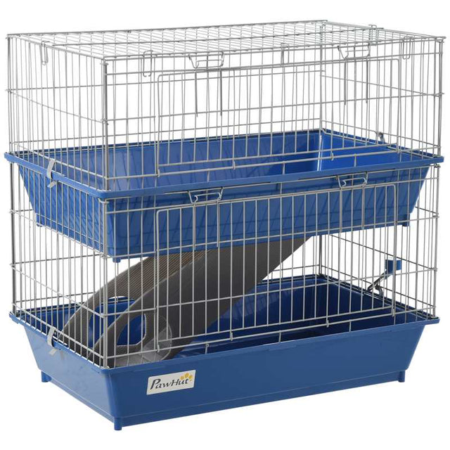 PawHut Double Tier Small Animal Cage Rabbit Chinchillas Cage w/ Ramp Food Dish Water Bottle Deep Trays Pet Home 72 x 44 x 67 cm