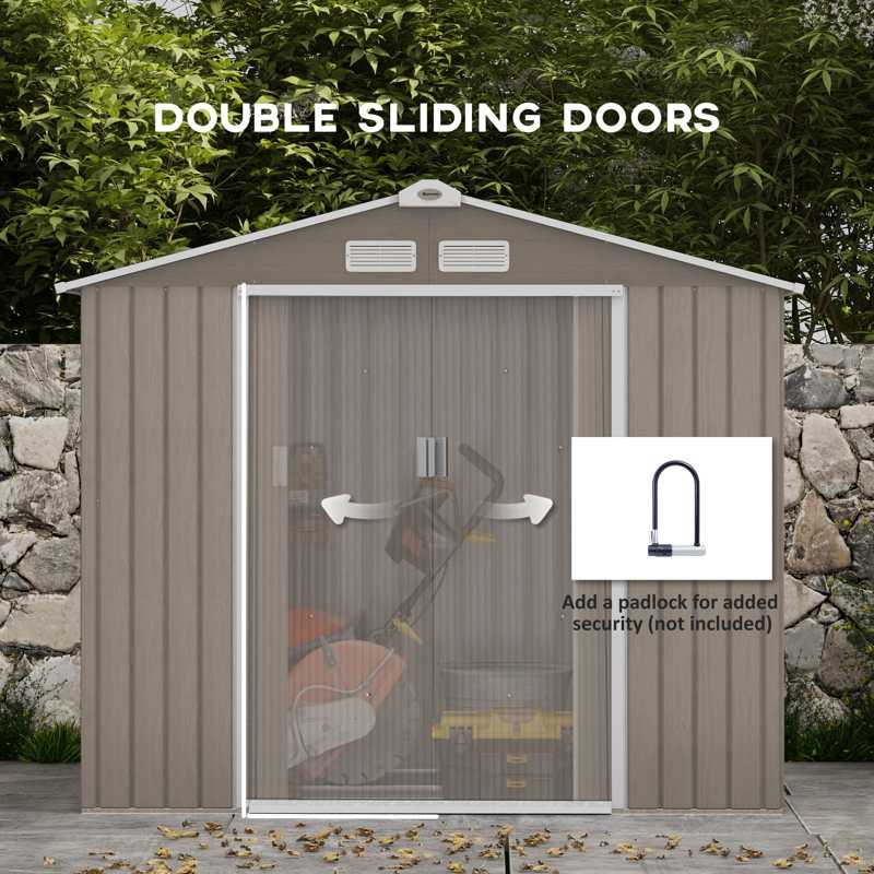 Outsunny 7 x 4ft Metal Garden Storage Shed with Vents, Floor Foundation Kit and Lockable Double Doors, Light Brown