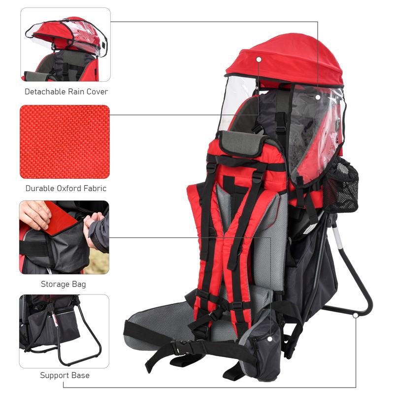 HOMCOM Baby Hiking Backpack Carrier Child Carrier with Ergonomic Hip Seat Detachable Rain Cover Adjustable Straps Stand for Toddler 6 - 36 Months Red