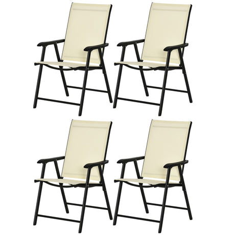 Outsunny Set of 4 Folding Garden Chairs, Metal Frame Garden Chairs Outdoor Patio Park Dining Seat with Breathable Mesh Seat, Beige