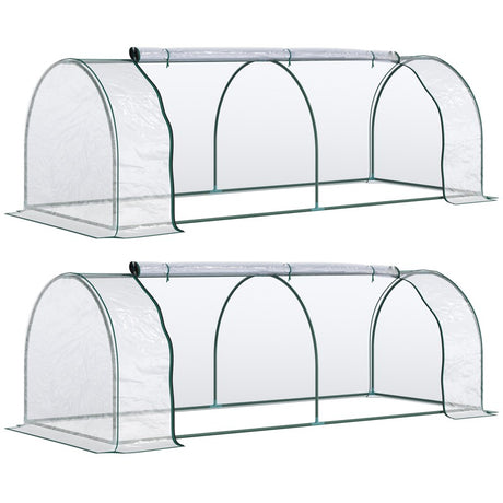 Outsunny Set of 2 Tunnel Greenhouse, Green Grow House with Roll-up Door, Steel Frame, Plastic Cover for Garden, Outdoor, 250 x 100 x 80cm, Clear