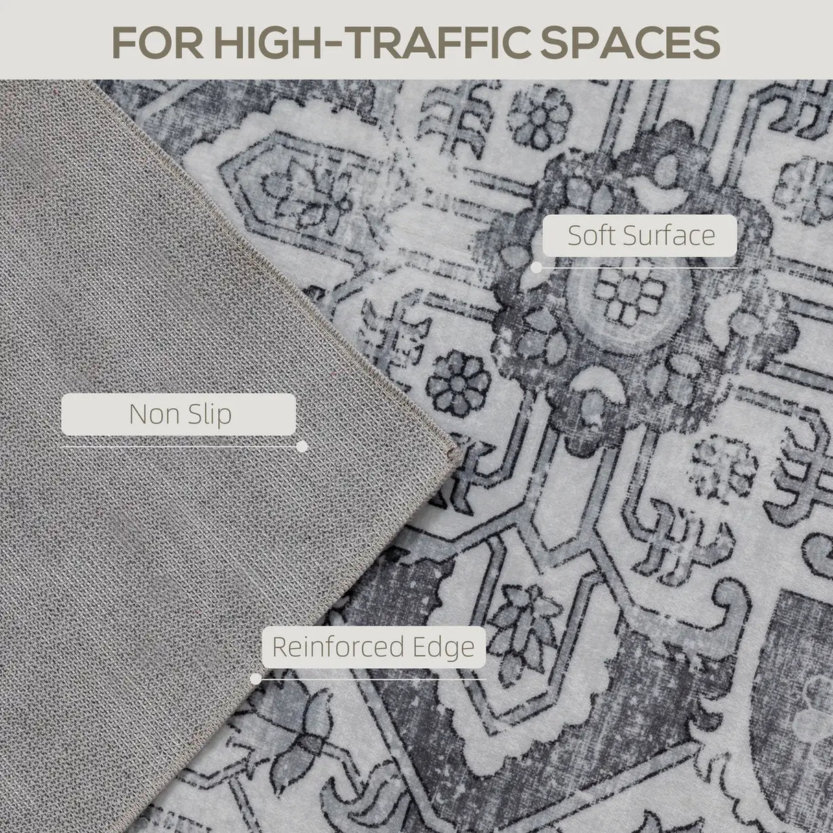 HOMCOM Vintage Area Rug, Non-Slip Washable Rug, Flannel Floor Carpet for Living Room, Bedroom, Dining Room, Home Office, 290 x 200 cm, Grey