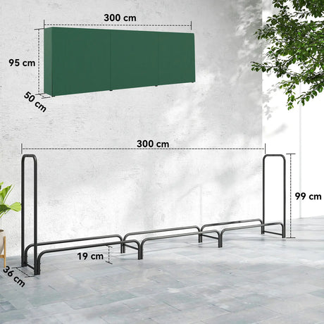 Outsunny Firewood Rack with Waterproof Cover, Heavy Duty Metal Log Store Indoors, Log Storage Holder for Outdoor Indoor Fireplace, 300 x 36 x 99 cm, Dark Green