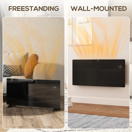 HOMCOM Electric Heater Wifi Smart App, 2000W Glass Panel Heater Radiator, Freestanding or Wall Mounted Convector Space Heater with LED Display, 24Hr 7 Day Timer, Adjustable Thermostat, Remote Control