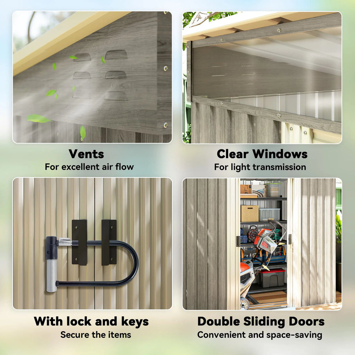 Outsunny 6.5 x 4FT Galvanised Metal Shed with Foundation Kit, Lockable Tool Garden Shed with Double Sliding Doors, Vents, Light Grey Wood Effect