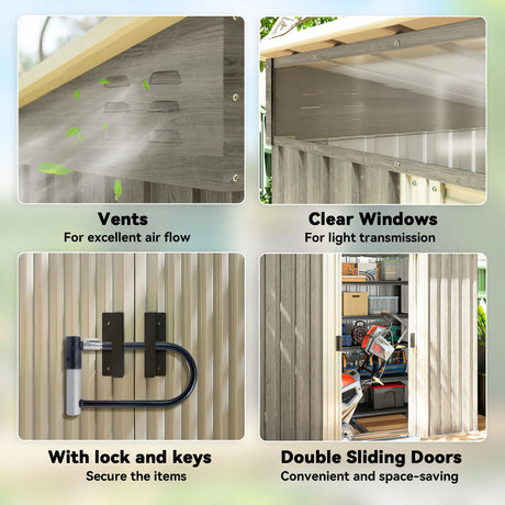 Outsunny 6.5 x 4FT Galvanised Metal Shed with Foundation Kit, Lockable Tool Garden Shed with Double Sliding Doors, Vents, Light Grey Wood Effect