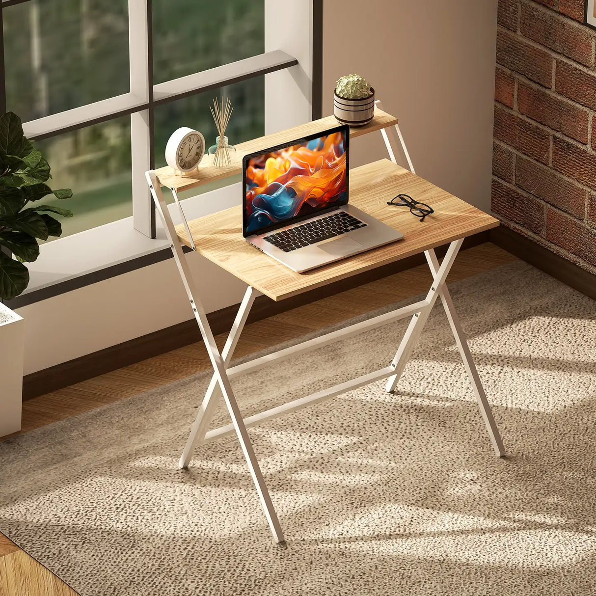 HOMCOM 81.5 cm Folding Computer Desk with Monitor Shelf - Natural Wood Finish