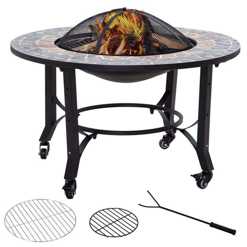 Outsunny 3-in-1 Outdoor Fire Pit on Wheels, Mosaic Garden Table, Patio Heater with Cooking BBQ Grill, Firepit Bowl with Screen Cover, Fire Poker for Backyard Bonfire