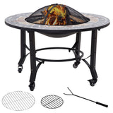 Outsunny 3-in-1 Outdoor Fire Pit on Wheels, Mosaic Garden Table, Patio Heater with Cooking BBQ Grill, Firepit Bowl with Screen Cover, Fire Poker for Backyard Bonfire