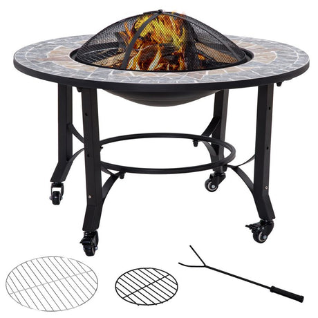 Outsunny 3-in-1 Outdoor Fire Pit on Wheels, Mosaic Garden Table, Patio Heater with Cooking BBQ Grill, Firepit Bowl with Screen Cover, Fire Poker for Backyard Bonfire