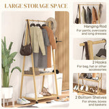 HOMCOM Bamboo Clothes Rack, with Shelves and Hooks - Natural Finish