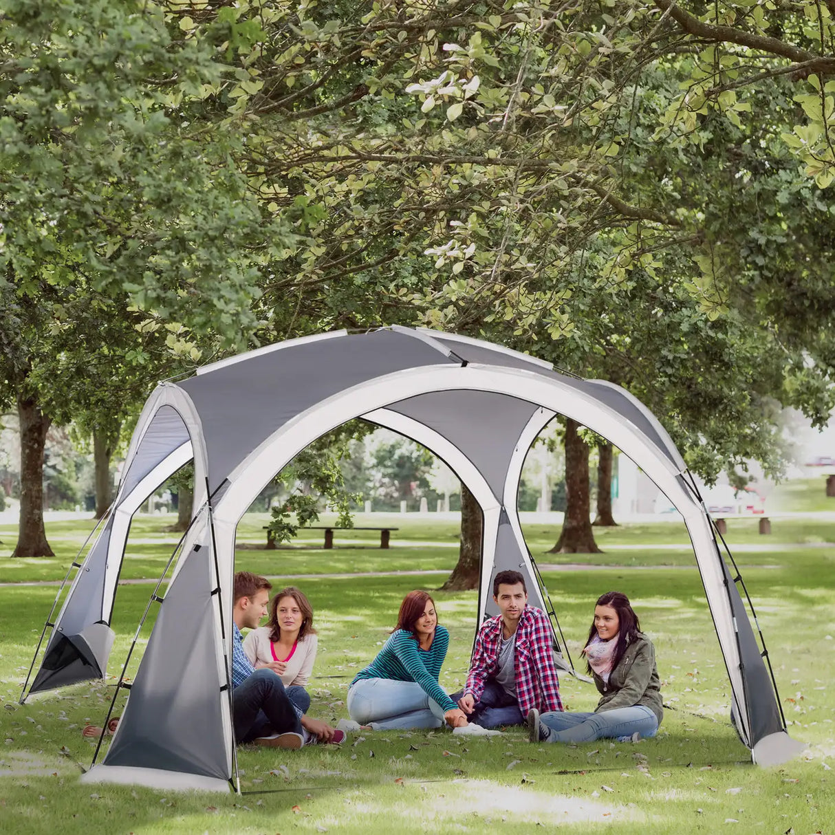 Outsunny Dome Tent for 6-8 Person, Camping Tent with 4 Zipped Mesh Doors, Removable Oxford Cloth, Lamp Hook, Portable Carry Bag, White and Grey