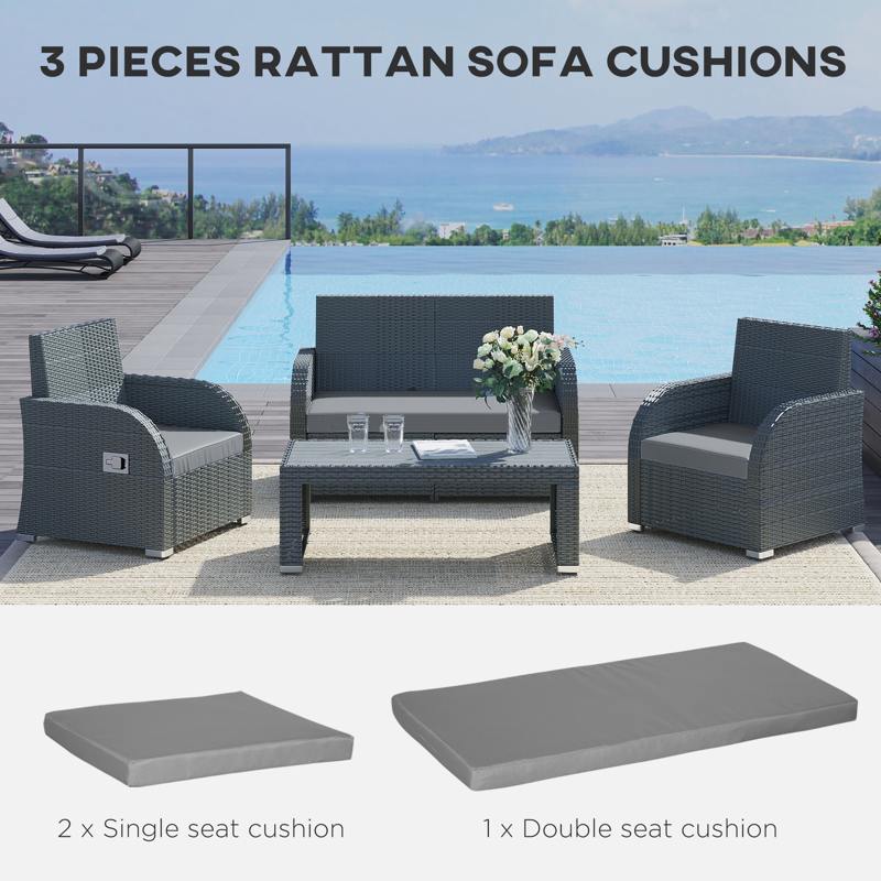 Outsunny Outdoor Seat Cushion Pads for Rattan Furniture, 3 PCs Garden Furniture Cushions, Dark Grey