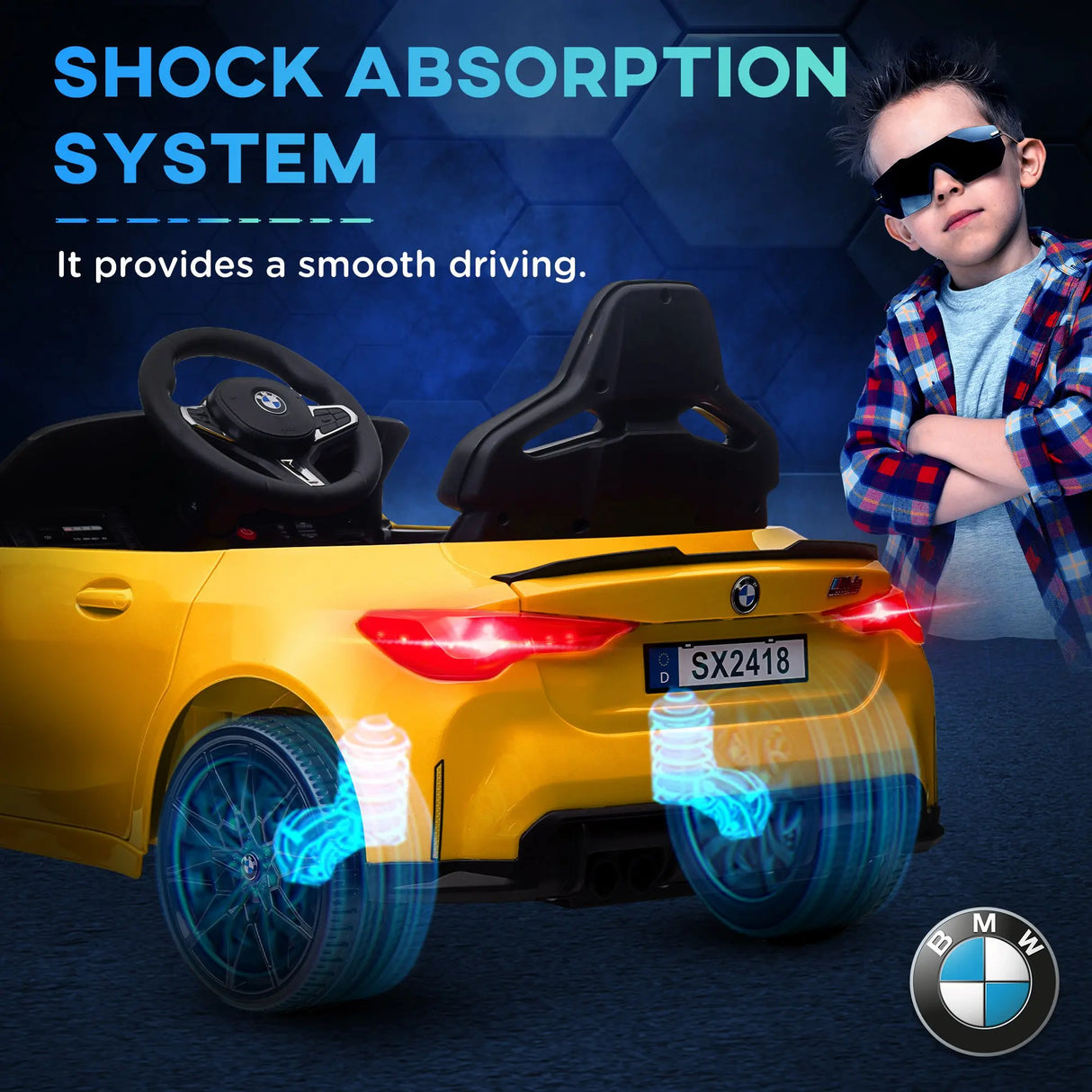AIYAPLAY 12V BMW M4 Licensed Kids Car with Easy Transport, Remote Control, Suspension, Music, Horn, LED Lights, Yellow