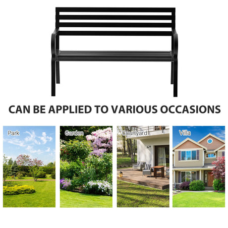 Outsunny Stylish 2 Seater Metal Garden Porch Chair Bench Stable Patio Outdoor Park Metal Bench - Black