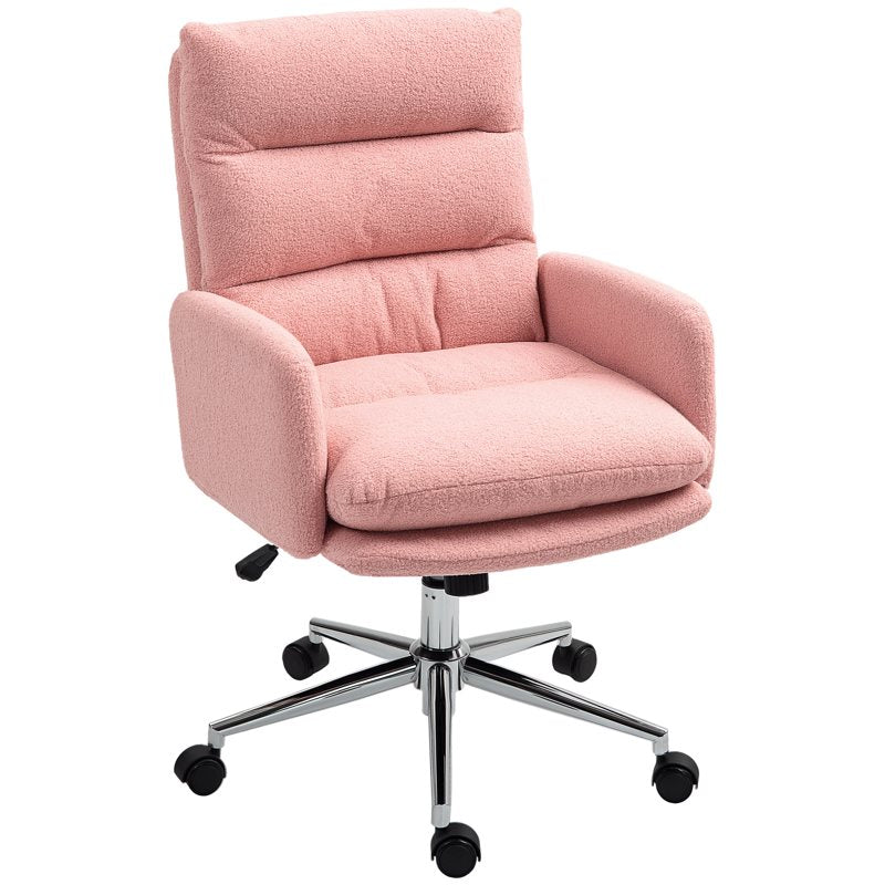 HOMCOM Home Office Chair, Upholstered Sherpa Fleece Desk Chair with Height Adjustable, Tilt Function and 360° Swivel Wheels for Home Office and Study Room, Pink